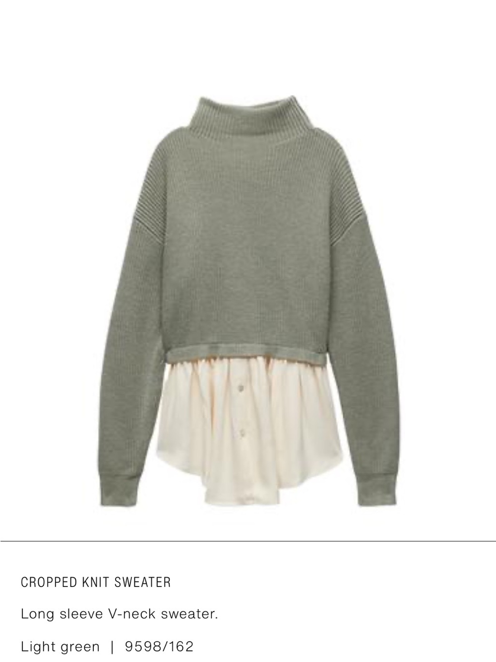 Zara Light Green Cropped Turtleneck Sweater with Cream Shirt Hem